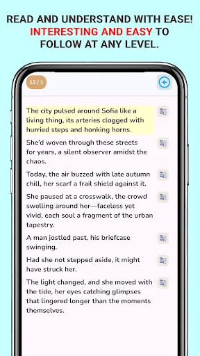 Reading comprehension passage about urban exploration with copy-to-clipboard icons for text selection and contextual learning