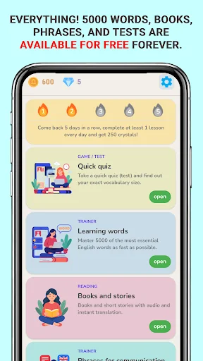 EdLexico app feature overview displaying free quiz, trainer, reading, and communication phrases modules available permanently