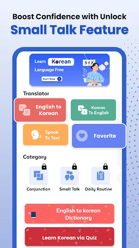 Learn Korean Offline app main menu with Small Talk feature, translator tools, quiz categories, and dictionary access