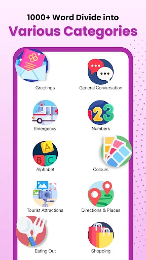Korean vocabulary categories screen showing 1000+ words divided into greetings, numbers, colors, and travel topics