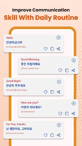 Daily routine Korean phrases with pronunciation guide featuring hello, good morning, and common conversation starters