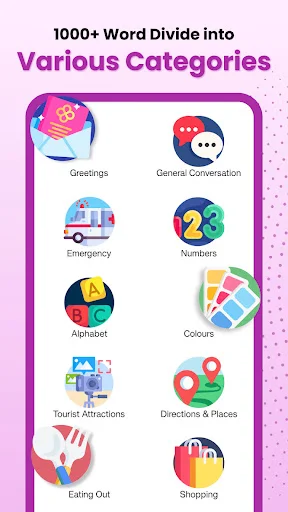 Korean learning app vocabulary categories including emergency, alphabet, tourist attractions, and shopping words