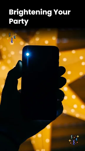 Hand holding smartphone emitting bright blue LED light at night party, showing flashlight brightness capability