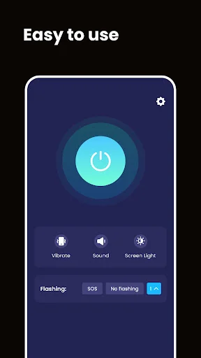 Flashlight app home screen with large power button and quick access controls for vibration, sound, and screen light modes