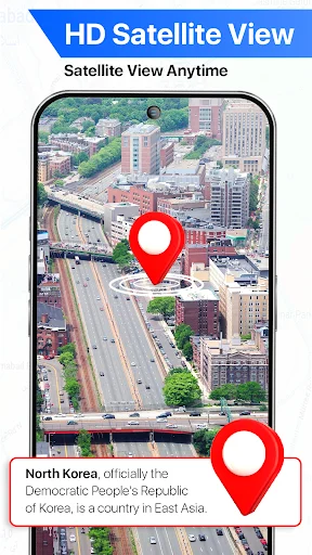 HD satellite map view showing city streets and buildings with red location pins marking positions worldwide