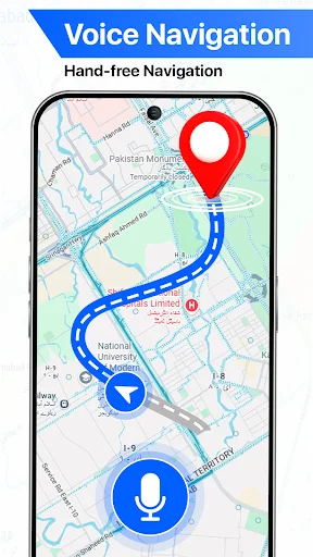 Voice navigation map with blue route line, destination pin, and microphone button for hands-free GPS guidance