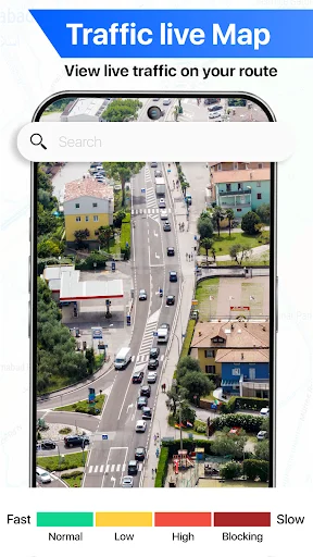 Live traffic map showing real-time vehicle congestion on streets with color-coded traffic condition indicators