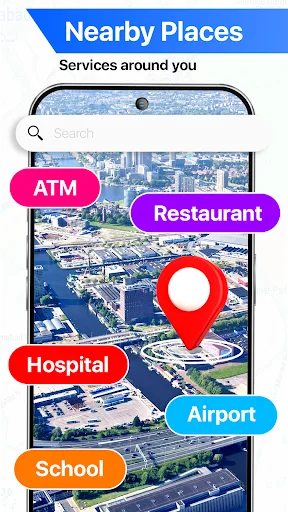 Nearby places map displaying local services including ATM, restaurant, hospital, airport, and school locations