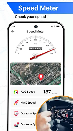 Speed meter displaying current vehicle speed with analog gauge, digital readout, and average/maximum speed statistics