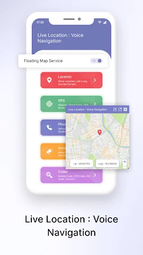 Live Location Voice Navigation app main screen with floating map service, location, GPS, phone, emergency features