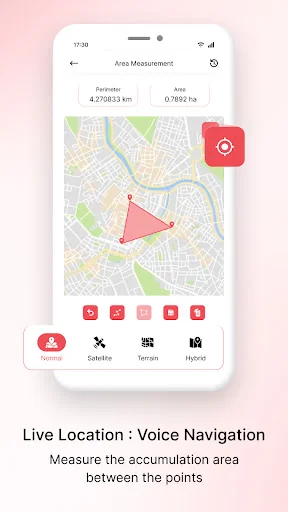 Area measurement tool in navigation app showing map with highlighted region and satellite, terrain, hybrid view options
