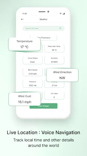 Weather tracking screen displaying temperature 17°C, wind speed, humidity, and atmospheric conditions in navigation app