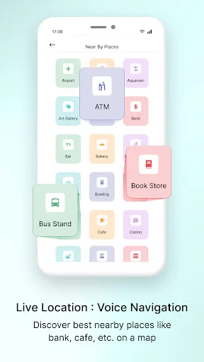 Nearby places finder showing colorful grid of locations like ATM, bank, cafe, bus stand, and other points of interest