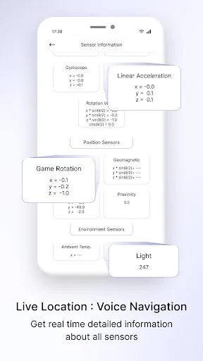 Sensor information dashboard displaying gyroscope, linear acceleration, rotation, proximity, and light sensor data
