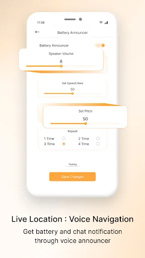 Battery announcer settings with spoken volume controls, speech rate, repeat options, and voice notification features