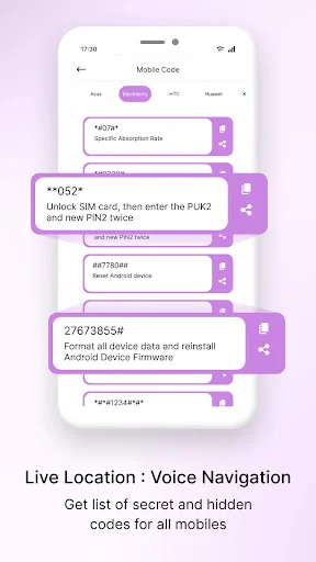 Mobile secret codes list showing hidden device commands like *#06#, *#*#7356#*#* for phone diagnostics and settings