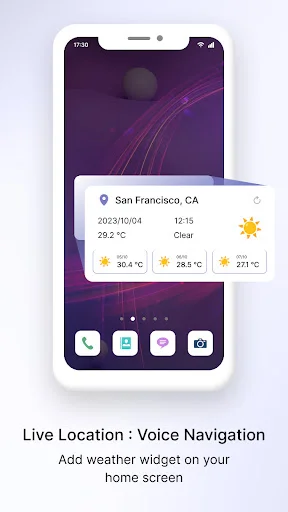 Weather widget on home screen showing San Francisco forecast with temperature, conditions, and navigation app icons