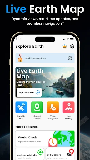 Live Earth Map home screen with satellite map, location services, voice navigation, world clock, and GPS camera features