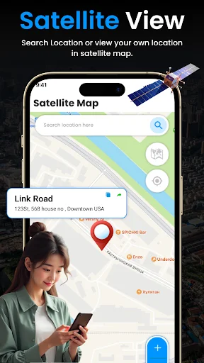 Satellite View map with location search, GPS markers showing nearby businesses on satellite imagery for navigation