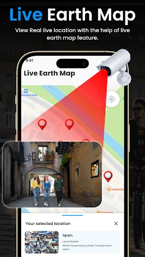 Live Earth Map displaying real-time satellite coverage overlay with live location tracking and street-level location preview