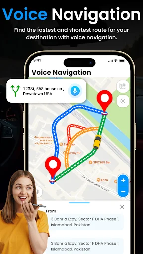 Voice Navigation app showing multiple route options between locations with turn-by-turn directions and guidance