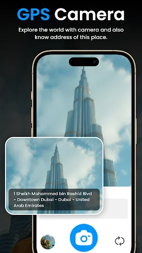 GPS Camera app identifying landmarks with complete address information displaying Burj Khalifa location details