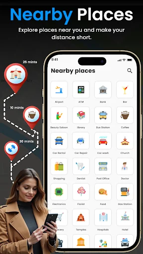 Nearby Places app showing local businesses and services by category with distance indicators for convenient location discovery