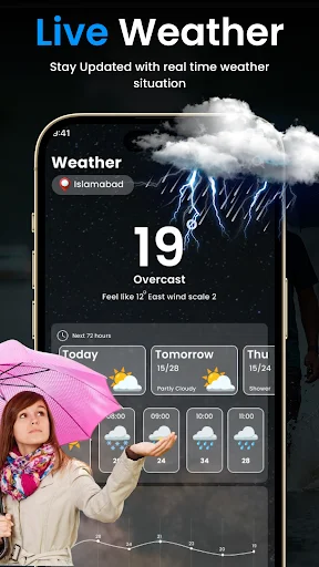 Live Weather app displaying real-time conditions, temperature, forecasts, and hourly predictions for current location