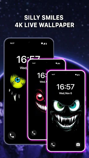 Multiple phones displaying colorful silly smile 4K live wallpaper designs against starry background, showcasing various cheerful expressions for personalization