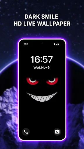 Single phone with dark smile HD live wallpaper featuring red eyes and sharp white teeth design with purple neon glow effect on starry background