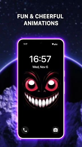 Phone displaying fun and cheerful animated silly smile live wallpaper with dark background and expressive animated face design