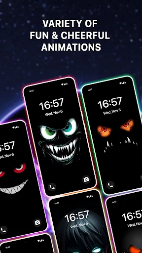 Multiple colorful phones showing variety of fun and cheerful animated smile wallpaper designs with neon borders in different colors