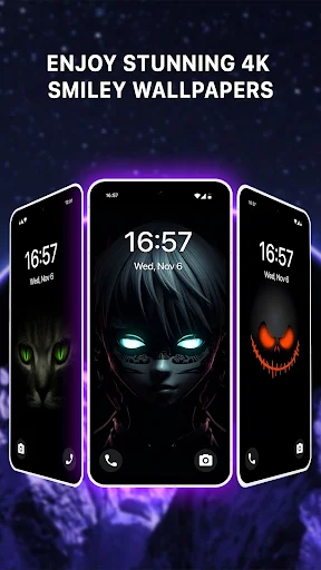 Three phones displaying stunning 4K smiley wallpapers in different styles including green, orange, and blue eye designs