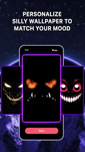 Phone showing personalization screen for silly wallpaper with mood-matching smile design options and Next button for customization