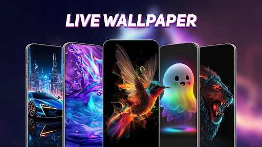 Live wallpaper collection featuring dynamic designs including sports car, neon art, hummingbird, and animals