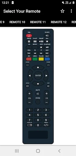 Lloyd TV remote interface featuring power button, colored buttons, numeric keypad, directional controls, volume and channel buttons, media options