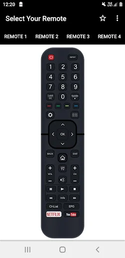 Lloyd TV remote selector showing simplified remote layout with numeric keypad, OK button, navigation controls, Netflix and YouTube streaming buttons