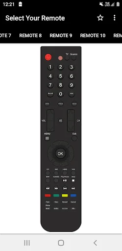 Compact Lloyd TV remote interface displaying numeric keypad, directional controls with central OK button, colored buttons, and media controls