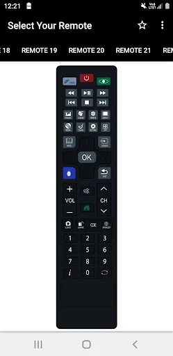 Compact Lloyd remote control interface with media player buttons, numeric keypad, volume and channel controls, colored buttons, and power indicator
