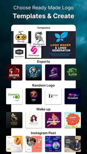 Logo Maker app home screen showing template categories: gaming, esports, random logos, makeup, and Instagram posts