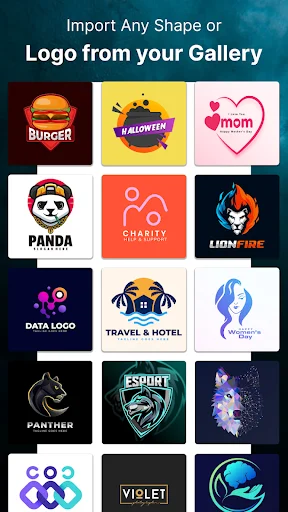 Logo gallery screen displaying various business logo designs including burger, panda, charity, and gaming logos to import