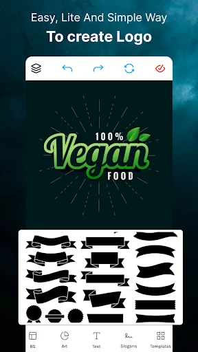 Vegan food logo design editor showing shape tools, banners, and text editing features for business logo creation