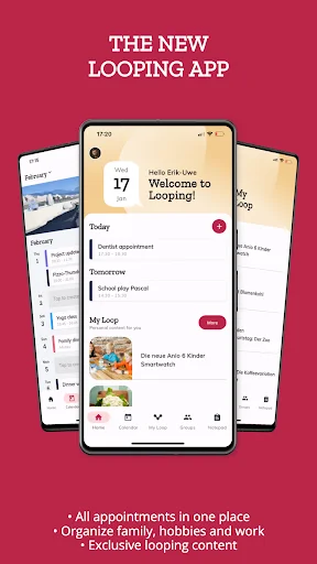 Looping family calendar app overview showing mobile interface with appointments, tasks, and family organization features