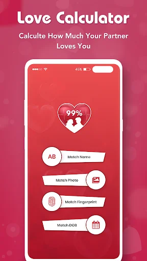 Love Calculator app main screen showing 99% love match result with options to match names, photos, fingerprints and DOB