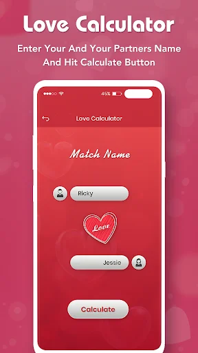 Love Calculator name matching interface with text fields for Ricky and Jessica, red heart icon and calculate button