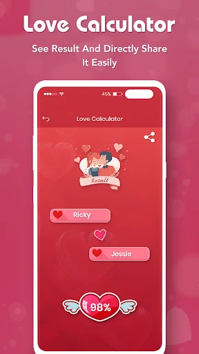 Love test results screen displaying 98% compatibility score between Ricky and Jessica with sharing options