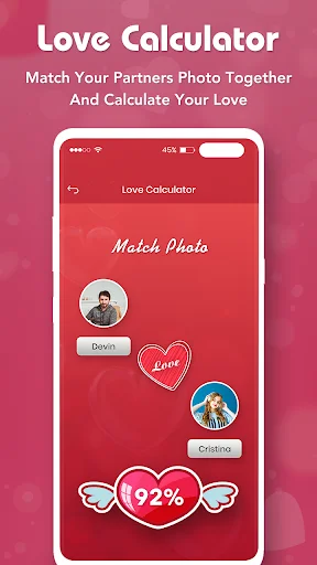 Photo matching feature in Love Calculator showing profile pictures of Devin and Cristina with 92% love compatibility