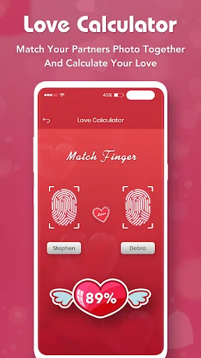 Fingerprint matching screen in Love Calculator app showing two fingerprint scanners with 89% love match result