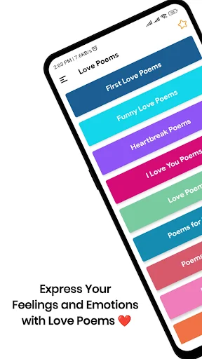 Love Poems app main menu showing colorful category buttons for First Love, Funny, Heartbreak, I Love You poems with tagline