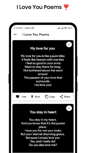 I Love You Poems showing multiple love messages with options to Like, Save, Copy, and Share romantic content
